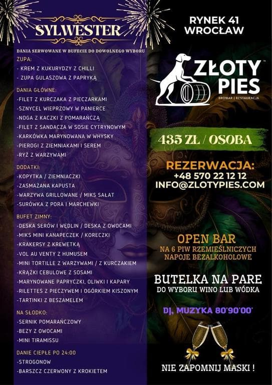 Sylwester Maskarada 2025/2026 w Restauracji & Browarze Złoty Pies Wrocław — zdjęcie 1