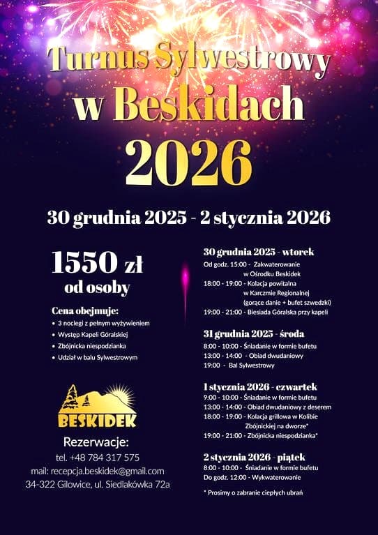 Pobyt Sylwestrowy | Ośrodek Wypoczynkowy Beskidek | Bal Sylwestrowy | 3 noclegi