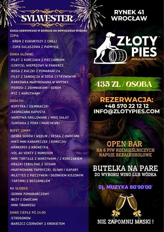 Sylwester Maskarada 2025/2026 w Restauracji & Browarze Złoty Pies Wrocław
