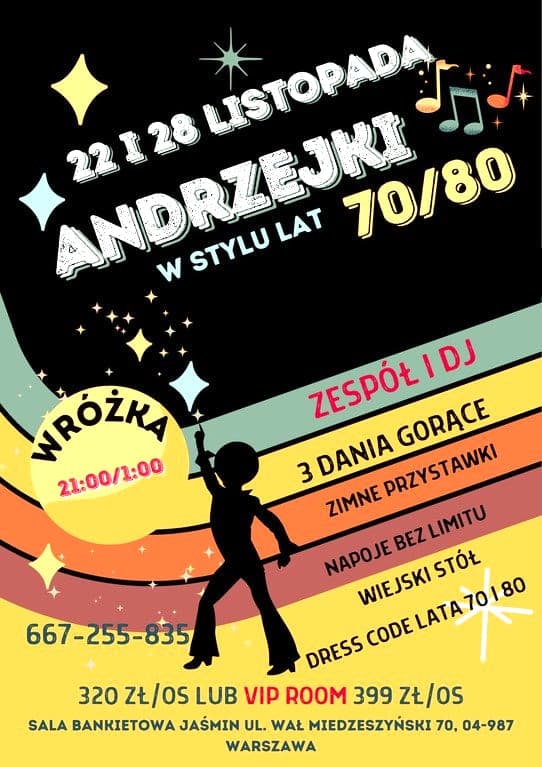 Andrzejki w stylu lat 70/80, tylko do 3 listopada 250 zł od osoby