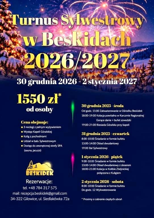 Pobyt Sylwestrowy | Ośrodek Wypoczynkowy Beskidek | Bal Sylwestrowy | 3 noclegi